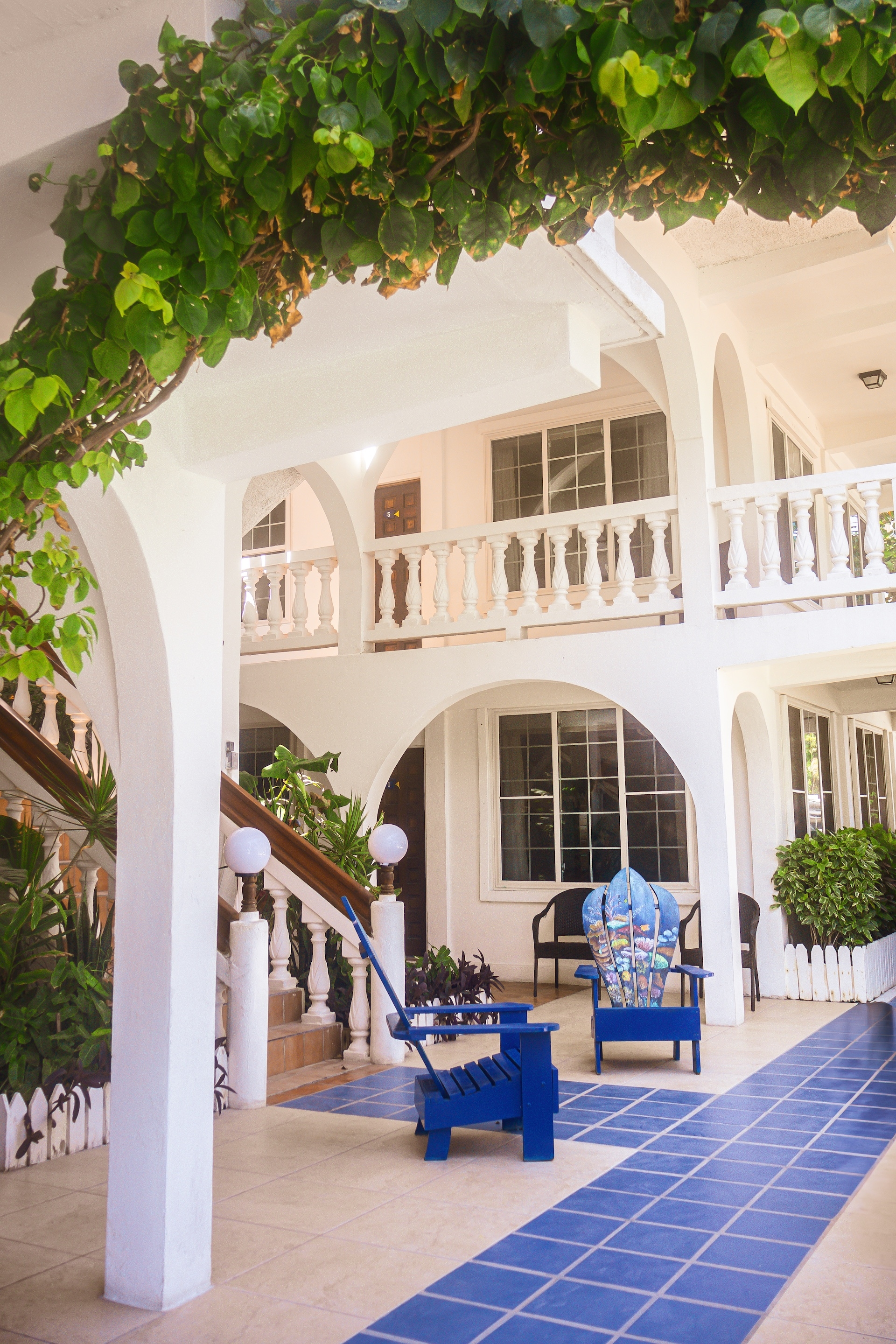 A white courtyard with blue tiled walkways, lush greenery, and blue Adirondack chairs under a vine-c