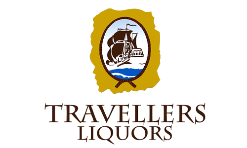 Logo of Travellers Liquors featuring a ship and waves in a circular design.