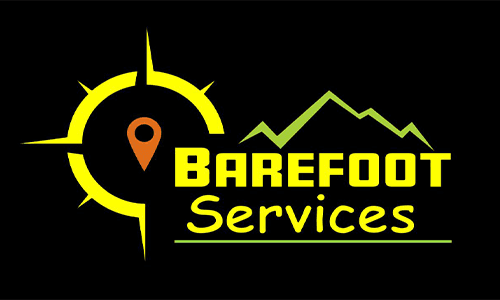 Logo featuring the text "Barefoot Services" alongside a compass and mountain graphics on a black background.
