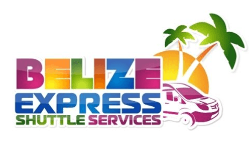 Colorful logo for Belize Express Shuttle Services featuring a van, palm trees, and a sun.