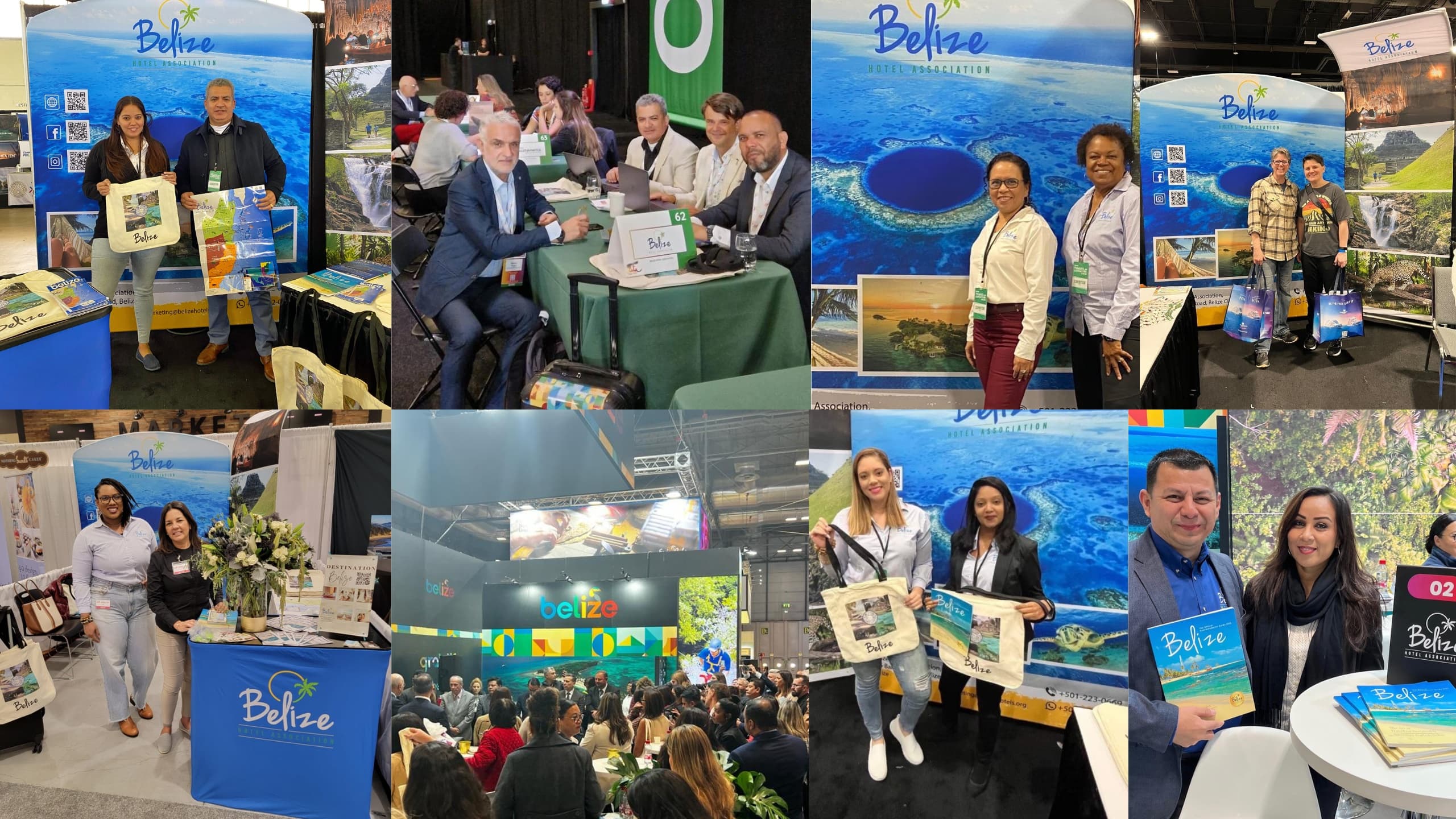 Collage of various attendees interacting at a travel exhibition showcasing Belize's attractions and tourism opportunities. Collage of various attendees interacting at a travel exhibition showcasing Belize's attractions and tourism opportunities.