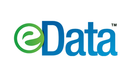 Logo of eData featuring a green circular element and blue text.