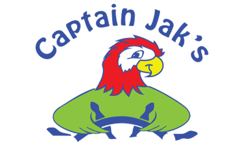 Logo for "Captain Jak's" featuring a colorful parrot and a ship's wheel.