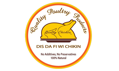Label for a poultry product featuring a yellow chicken graphic and the text "DIS DA FI WI CHIKIN."