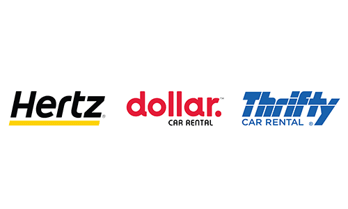 Logos of Hertz, Dollar, and Thrifty car rental services.