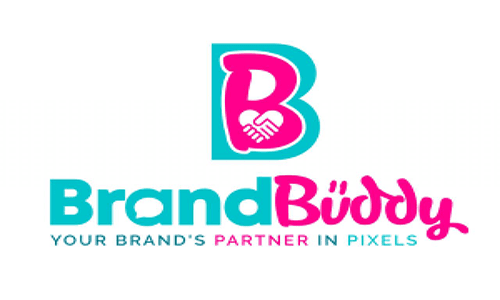 Logo for BrandBuddy, featuring a stylized "B" and the tagline "Your Brand's Partner in Pixels."