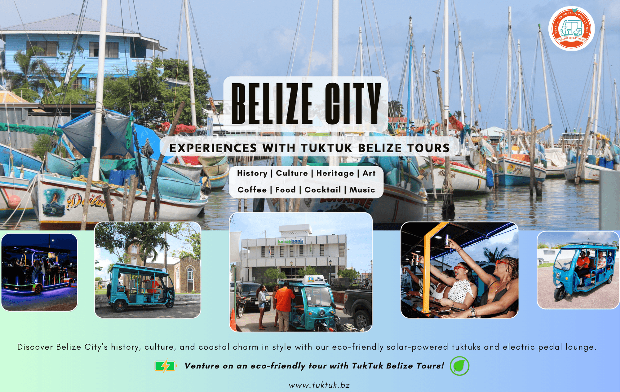 Promotional graphic for TukTuk Belize Tours featuring vibrant images of eco-friendly tours and attractions in Belize City.