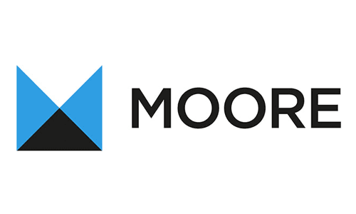 Logo of Moore featuring a blue and black geometric design and the word "MOORE" in bold text.