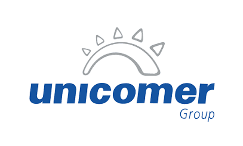 Logo of Unicomer Group featuring a sun graphic and the company name in blue.