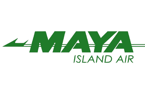 Logo of Maya Island Air in green letters.