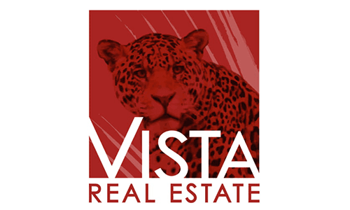 Logo for Vista Real Estate featuring a leopard on a red background.