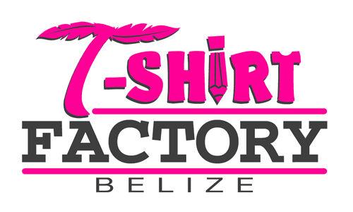 Logo for T-Shirt Factory Belize featuring bold pink and gray text.