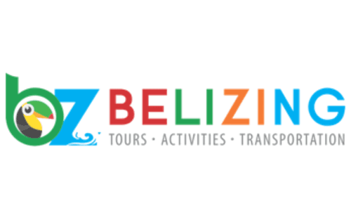 Logo for "BZ Belizing," featuring colorful text and a toucan graphic, promoting tours, activities, and transportation.