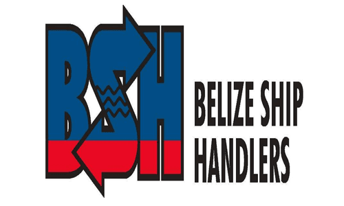 Logo for Belize Ship Handlers featuring the letters "BSH" in blue and red with arrows and wave designs.
