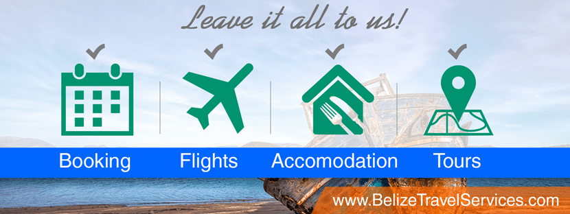 Graphic promoting Belize Travel Services with icons for booking, flights, accommodation, and tours.