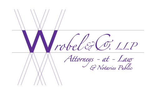 Logo of Wrobel & Co. LLP, attorneys-at-law and notaries public, featuring a stylized "W" in purple.