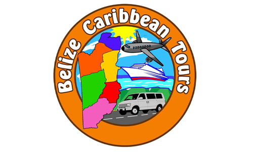 Logo for Belize Caribbean Tours featuring an airplane, a van, and colorful maps.
